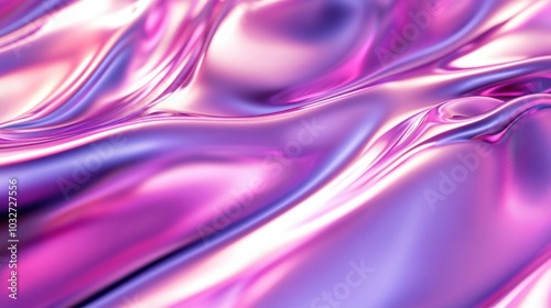 Gradient of pink to violet metallic liquid background. Abstract neon texture. Rainbow 3d holographic foil. Wavy glossy surface in pink and violet colors 