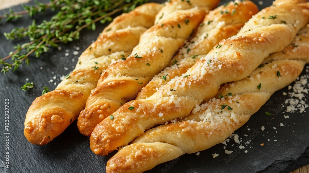 Twisted garlic butter breadsticks, isolated on a slate surface with decorative parmesan shavings and fresh thyme Twisted garlic butter breadsticks, isolated on a slate surface with decorative parmesan shavings and fresh thyme