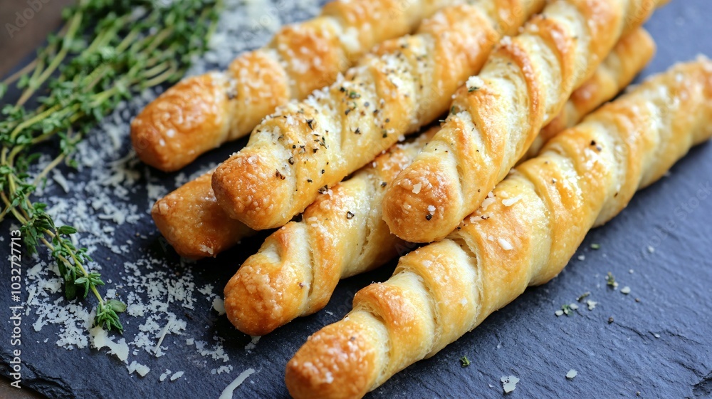 Twisted garlic butter breadsticks, isolated on a slate surface with decorative parmesan shavings and fresh thyme Twisted garlic butter breadsticks, isolated on a slate surface with decorative parmesan shavings and fresh thyme