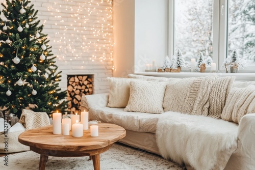 Cozy winter living room decorated for the holidays with a Christmas tree and candles glowing softly near a snowy window