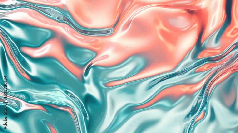 Obraz premium Gradient of turquoise to coral metallic liquid background. Abstract neon texture. Rainbow 3d holographic foil. Wavy glossy surface in turquoise and coral colors 