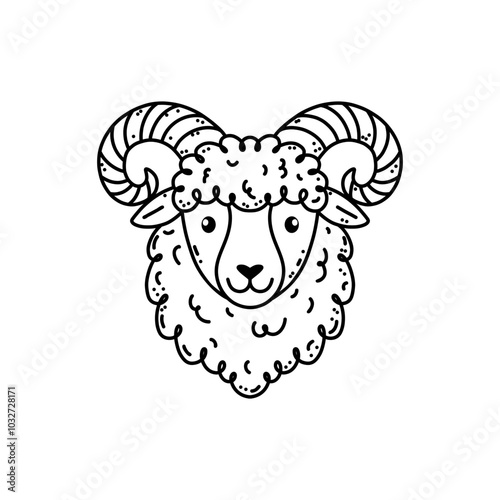 Cute ram in hand drawn doodle style on white background.