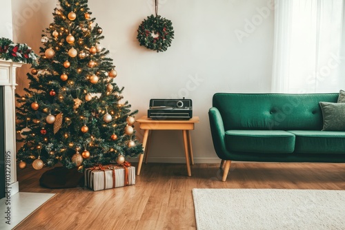 Cozy living room decorated for Christmas with a tree, presents, and vintage radio on a wood floor photo