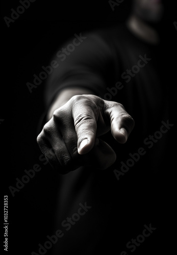 index finger pointing towards the camera, Pointing the finger at someone, accusation, blame, hand isolated on black background - soft focus, black and white, details, male accountable responsibility photo