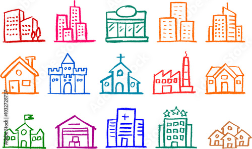 Architectural Building Related Icon Crayon Chalk Drawing Vector Set
