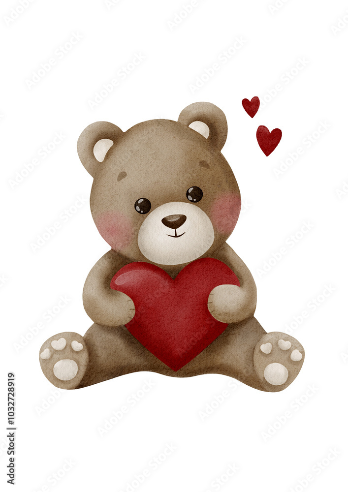 Cute watercolour Valentine teddy bear with red heart, isolated on transparent background Cute watercolour Valentine teddy bear with red heart, isolated on transparent background