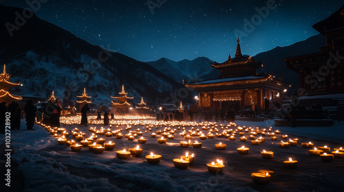 Galdan Namchot celebrations in Ladakh, monks wearing maroon robes gather in front of an ancient temple surrounded by snow-capped mountains, Ai generated images photo