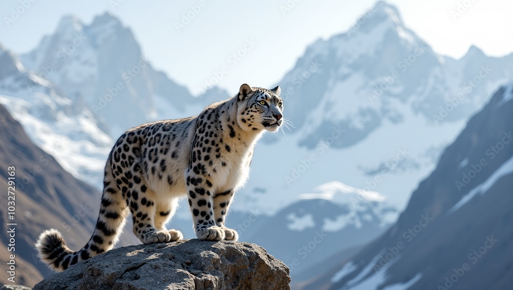 Fototapeta premium Majestic snow leopard blending with snowy Himalayan peaks
