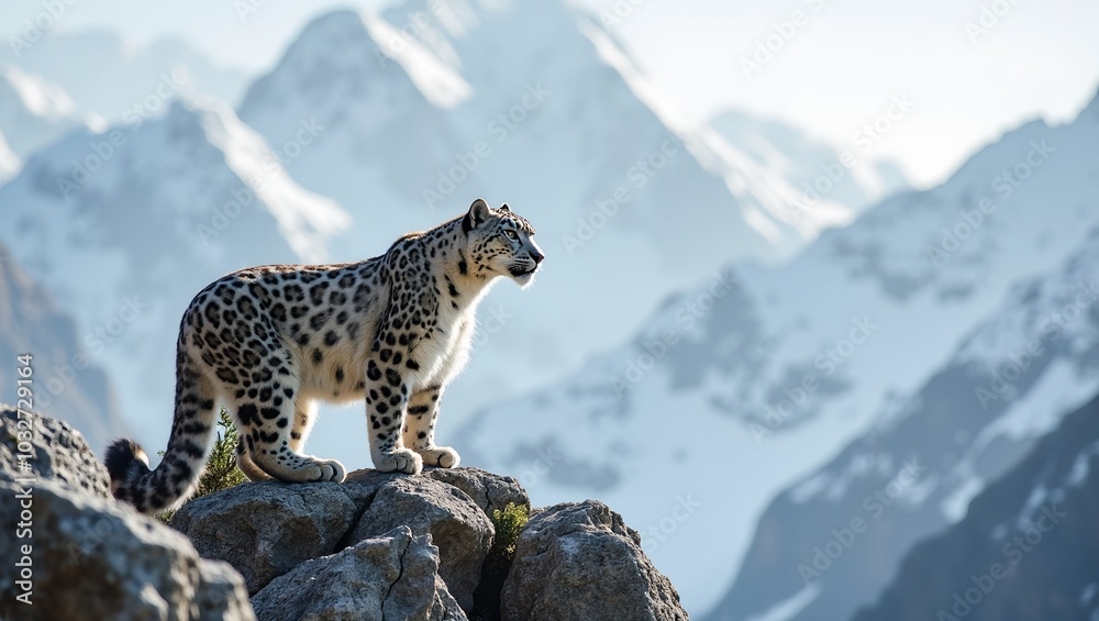 Majestic snow leopard blending with snowy Himalayan peaks Majestic snow leopard blending with snowy Himalayan peaks