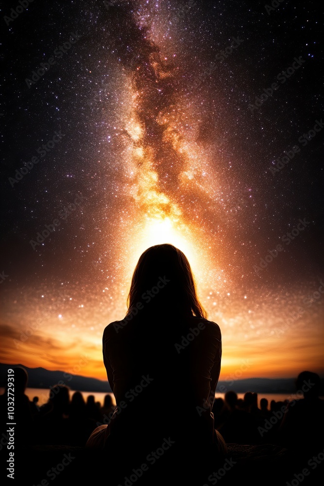 A woman sits in silhouette, gazing up at the Milky Way, which explodes with color in the night sky. A woman sits in silhouette, gazing up at the Milky Way, which explodes with color in the night sky.