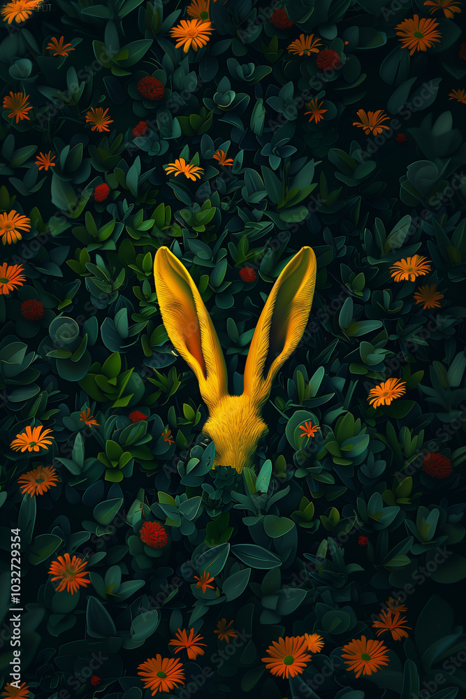 A whimsical scene featuring a pair of large, yellow rabbit ears peeking out from a lush green, orange flowers and leafy plants. bright ears and the dark foliage easter background A whimsical scene featuring a pair of large, yellow rabbit ears peeking out from a lush green, orange flowers and leafy plants. bright ears and the dark foliage easter background