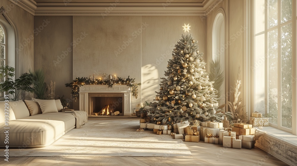boho interior with a christmas tree in beige colors