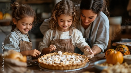 Thanksgiving cooking scene, kids assisting in the kitchen, stirring pie ingredients as parents cook the main dish, embracing family customs