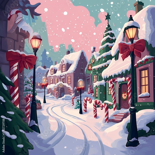 Wallpaper Mural illustration of a snow filled candy cane lane village with light posts and bows in reds pinks Torontodigital.ca