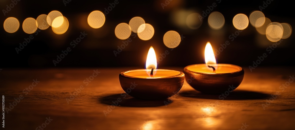 Three lit candles on a rustic wooden table exuding warmth and tranquility. Generative AI Three lit candles on a rustic wooden table exuding warmth and tranquility. Generative AI