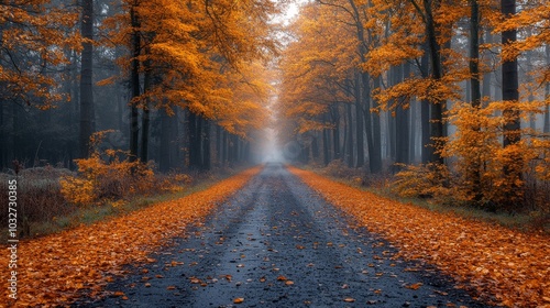 A winding dirt road surrounded by tall trees features bright orange leaves scattered on the ground. The surrounding mist creates a serene autumn atmosphere.