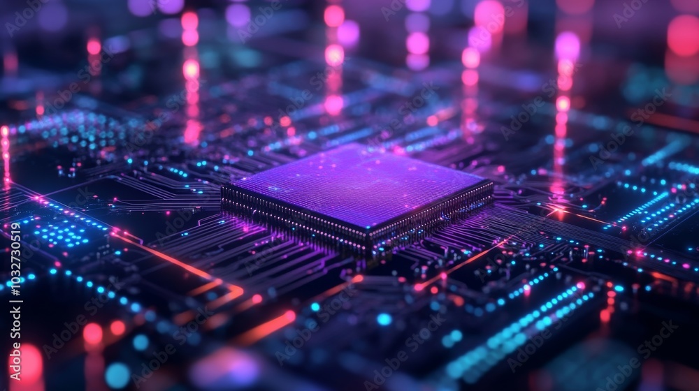 Futuristic Circuit Board with Glowing Microchip Futuristic Circuit Board with Glowing Microchip