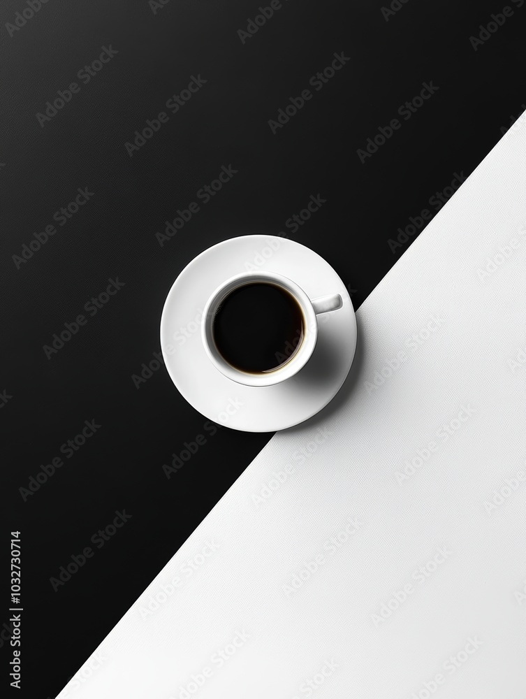 A coffee cup filled with black coffee sits on a contrasting black and white surface, offering a modern, minimalist aesthetic in the composition A coffee cup filled with black coffee sits on a contrasting black and white surface, offering a modern, minimalist aesthetic in the composition