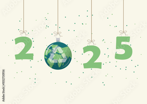 Eco-Friendly 2025 New Year Earth Ornament. Sustainable new year. Sustainable 2025 with earth ornament and recycling tag. Flat vector illustration