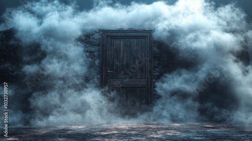 Mysterious Wooden Door in Foggy Atmosphere