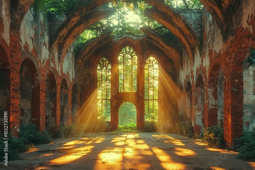 The sun is shining through the windows of a large, empty building