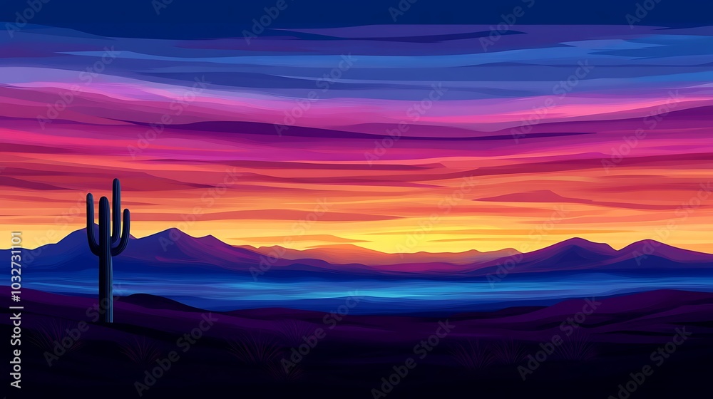 A dramatic desert scene at dusk, with a solitary cactus silhouetted against a vibrant sky, and distant mountains fading into the horizon A dramatic desert scene at dusk, with a solitary cactus silhouetted against a vibrant sky, and distant mountains fading into the horizon
