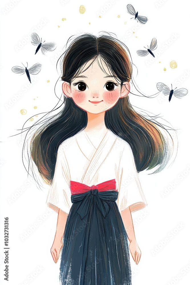 Playful Digital Illustration of a Girl with Butterflies