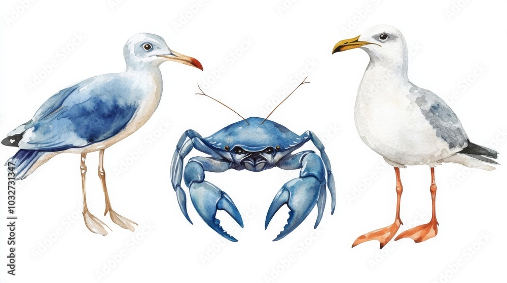 Fototapeta premium Seagulls and Crab Watercolor Illustration