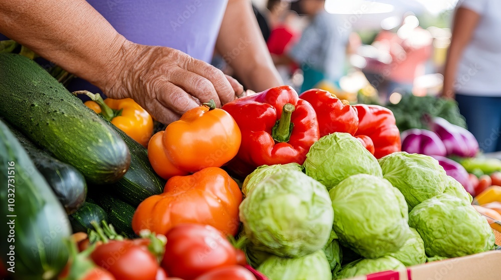 Close-up of a woman's hand selecting produce at a farmer's market. Close-up of a woman's hand selecting produce at a farmer's market.