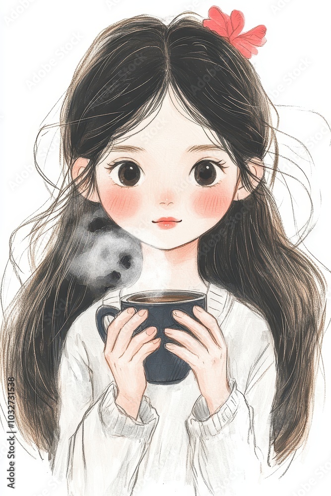 Shy Anime Girl with Long Brown Hair Holding a Cup Shy Anime Girl with Long Brown Hair Holding a Cup