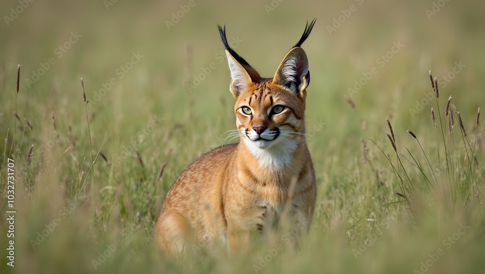 Majestic caracal in grass ears alert Majestic caracal in grass ears alert