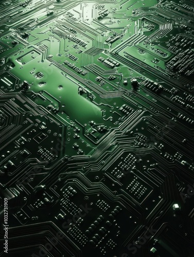 High-Tech Green Circuit Board with Microchips and Complex Wiring, Showcasing Advanced Electronic Design