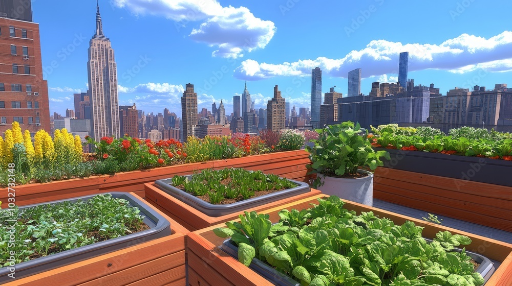 Fototapeta premium Vibrant vegetables and blooming flowers thrive in raised rooftop beds with a stunning view of the new york city skyline