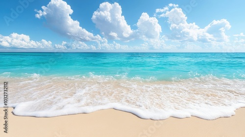 Tranquil Beach with Clear Blue Water and White Clouds