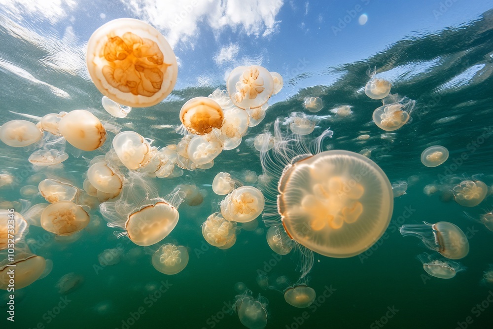 Underwater scene filled with various jellyfish in clear water. Underwater scene filled with various jellyfish in clear water.