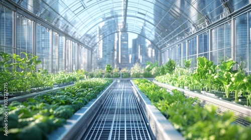 Fresh green lettuce and herbs thriving in a modern hydroponic urban farm on a city rooftop