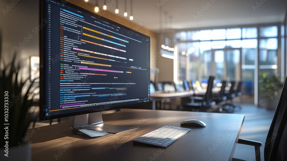 Modern Office with Programming Code Display Modern Office with Programming Code Display