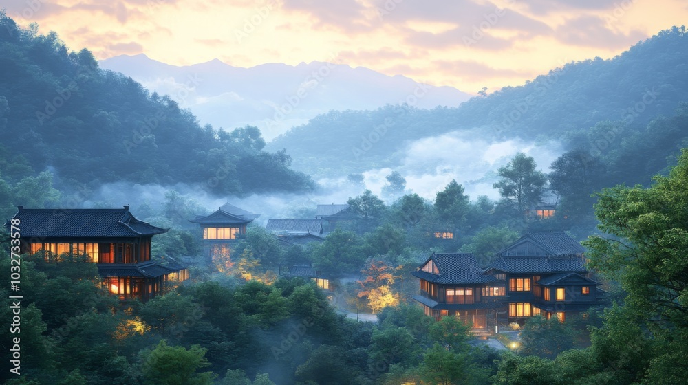 Naklejka premium Serene Mountain Village at Dusk