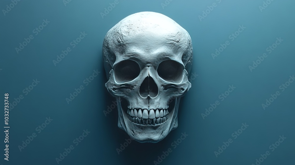 Fototapeta premium A white skull is shown on a blue background