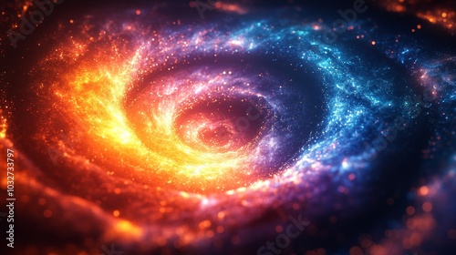 A spiral galaxy with a bright orange and blue swirl