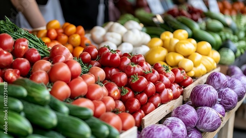 Fresh produce at a farmers market. Red tomatoes, green cucumbers, yellow lemons, and purple cabbage are ready to be purchased.