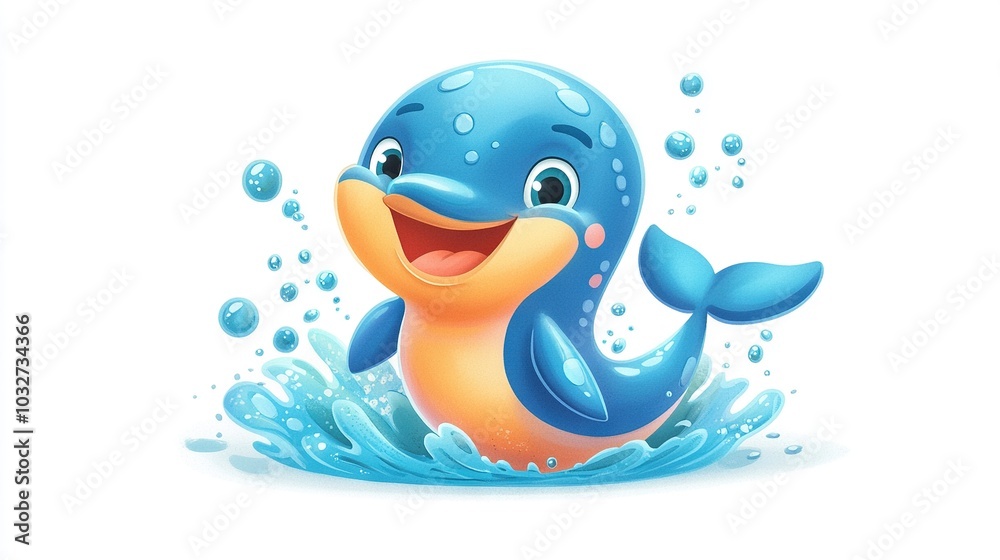 Fototapeta premium A blue dolphin smiling, surrounded by bubbles in the water