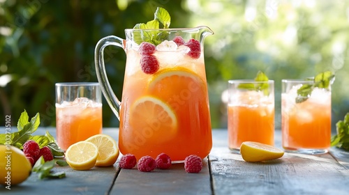 A refreshing pitcher of fruit-infused drink with garnishes.