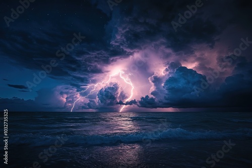 Lightning Strike Over a Dark Ocean with Stars in the Night Sky photo