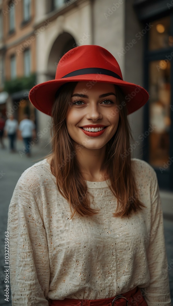 Young European woman smiling in a red hat on a city street. Young European woman smiling in a red hat on a city street.