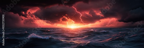 Powerful lightning strike in the sky with dark red storm clouds above the sea and big waves at night