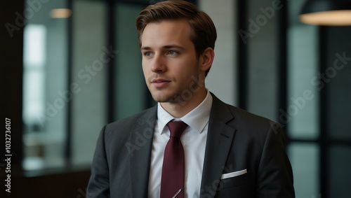 Young professional in a business suit, engaged in conversation.