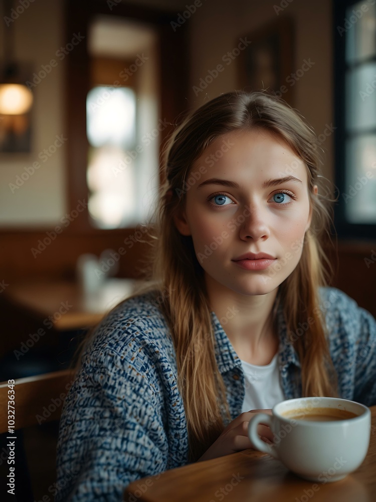 Young woman with blue eyes in a cozy café, bathed in natural light. Young woman with blue eyes in a cozy café, bathed in natural light.