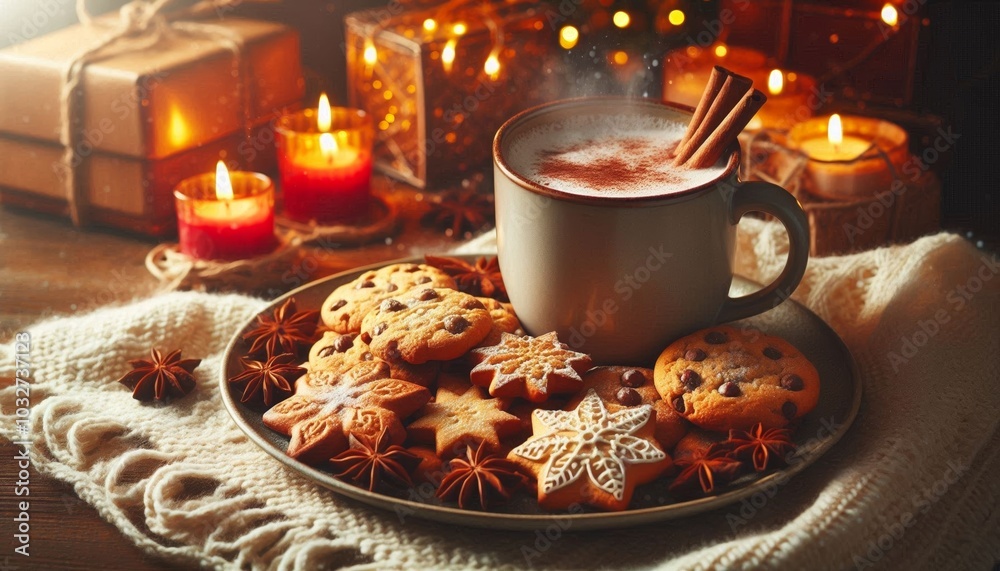 Festive table with various holiday cookies and cup of hot cocoa sprinkled with cinnamon. Christmas and New Year, winter holidays Festive table with various holiday cookies and cup of hot cocoa sprinkled with cinnamon. Christmas and New Year, winter holidays