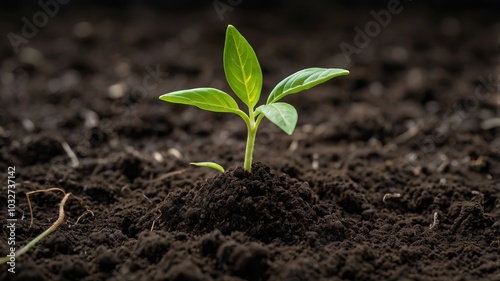 A new seedling emerging from dark soil, ideal for an Earth Day or nature-themed background with ample copy space for adding text or design.